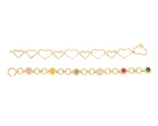 1075
Two Gold and Gem-Set Bracelets
Including an 18k gold and gem-set bracelet, signed Italy, together with a 14k gold heart motif link bracelet
2 pieces
Length: 7 3/4 in. and 7 1/2 in.
28.8 grams gross
Estimate: $1,200 - $1,800
