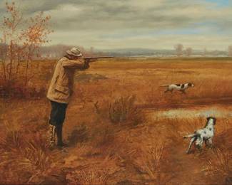 1300
Arthur Burdett Frost
1851-1928
"The Hunter"
Oil on canvas laid to canvas
Signed lower right: A.B. Frost; titled on a label affixed to the upper portion of the stretcher; titled in pencil, presumably in another hand, on the lower portion of the stretcher
16" H x 24" W
Estimate: $1,000 - $2,000