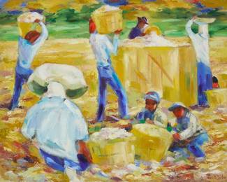 1265
Helen Bertha Dooley
1907-1994
Farm workers
Oil on canvas
Signed lower right: Helen B Dooley
Sight: 27.75" H x 35.75" W
Estimate: $300 - $500