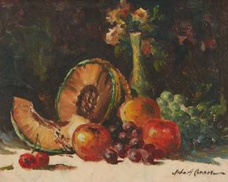 1289
John Anthony Conner
1892-1971
"Still Life with Cantaloupe"
Oil on board
Signed lower right: John A. Conner; titled on a label affixed to the frame's backing board
8" H x 10" W
Estimate: $200 - $300