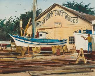 1211
Myron J. Oliver
1923-2009
"Monterey Boat Works"
Watercolor on paper
Signed lower right: Myron J. Oliver; titled on a label affixed to the frame's backing paper
Sight: 15.125" H x 19.125" W
Estimate: $500 - $700