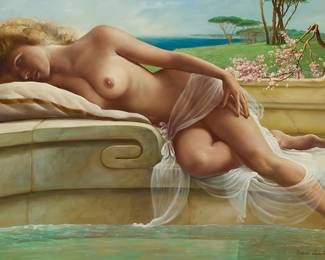 1318
Roberto Lupetti
1918-1997
Dreamy Day
Oil on canvas
Signed lower right: Robert Lupetti; signed again and numbered "R-79-109" verso; titled on a label affixed to the frame's verso
24" H x 36" W
Estimate: $700 - $900