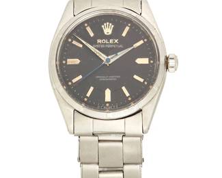 1053
Rolex: A Stainless-Steel Oyster Perpetual Watch
Dial: 30 mm, black with baton hour markers
Model: 6565
Case: stainless-steel, screw down case back
Case number:82909
Closure: stainless-steel bracelet with folding clasp
Signed: case, dial and movement
Estimate: $2,000 - $3,000