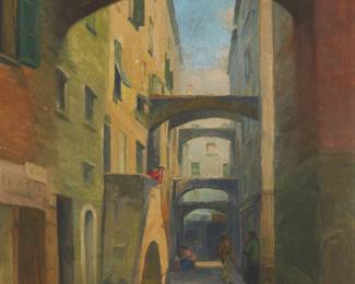 1381
Gyula Kövér
1883-1950
European street scene
Oil on burlap
Signed lower right: Kövér Gyula; with an indistinct round black ink stamp verso
20" H x 15.75" W
Estimate: $300 - $500