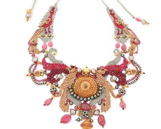 1102
Barbara Natoli Witt: A Pearl and Gold Bead Cavandoli Macramé Necklace
Designed with elaborate grey and metallic gold and red cord knotwork with multiple bird motifs featuring a central 18k gold medallion with 18k gold beads and pink tourmaline pendant drop with rubies, as well as swagged bead accents in pink tourmaline, cultured pearls, 18k gold and diamond slices, circa 2003, signed and dated to ceramic bead
30 1/2 in. x 5 in.
100.5 grams gross
Estimate: $800 - $1,200