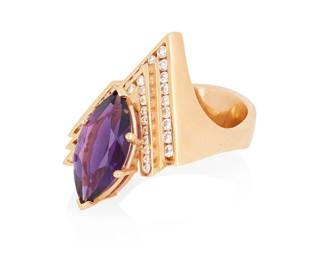 1066
A 14K Gold, Amethyst and Diamond Ring
Centering a marquise-shaped amethyst weighing approximately 4.50 carats, accented by round diamonds weighing approximately 0.92 carat
Size: 12
25.5 grams gross
Estimate: $1,500 - $2,500