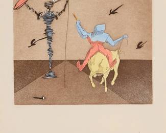 1409
Salvador Dalí
1904-1989
"Master and Squire" from "Historia de Don Quichotte de la Mancha," 1980
Etching and aquatint in colors on Japanese paper
Edition: 10/150 (there was also 300 on Arches paper)
Signed and numbered in pencil in the lower margin: Dalí; Levine and Levine, New York, NY, prntr.; Dalart N.V., pub., and with their blindstamp in the lower right margin corner
Plate: 15.5" H x 17.5" W; Sight: 25" H x 21.25" W
Estimate: $500 - $700