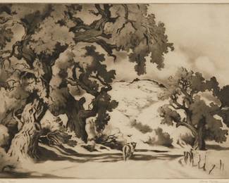 1223
Gene Kloss
1903-1996
"The Open Road," 1941
Aquatint and drypoint on paper
From the edition of 50
Signed and titled in pencil in the lower margin: Gene Kloss
Plate: 9.875" H x 13.875" W
Estimate: $600 - $800