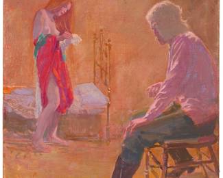 1295
Donald "Putt" Putman
1926-2007
Interior with figures
Oil on canvas laid to Masonite
Signed lower right: Putt
14" H x 11" W
Estimate: $300 - $500