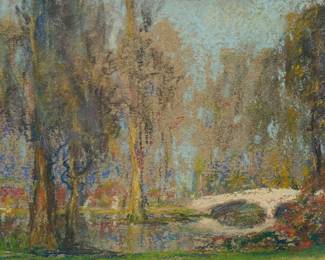 1238
In the style of William Posey Silva
1859-1948
Landscape with footbridge
Pastel on paperboard
Unsigned
5" H x 7" W
Estimate: $500 - $700