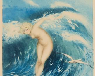 1325
Louis Icart
1888-1950
"Venus in the Waves (light blue)," 1931
Etching and aquatint in colors on paper
Signed in pencil in the lower margin, at right: Louis Icart; with the artist's windmill blindstamp in the lower left margin corner; the artist's copyright and year in the plate at upper right: "© Copyright 1931 by L. Icart, Paris"
Image: 19" H x 15" W; Sight: 20" H x 16" W
Estimate: $800 - $1,200