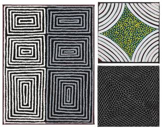 1447
Contemporary Aboriginal works
Three works:
Nabula Scobie Napurrula (b. 1950)
Untitled, 2005
Acrylic on canvas
Signed, dated, and inscribed verso: Nabula Scobie / "WGC UB 11"
24" H x 18" W
Margaret Turner Petyarre (b. circa 1945)
"Body Paint Design," 2006
Acrylic on canvas
Signed and dated verso: Margaret Turner; titled on a label affixed to the stretcher; inscribed verso: "WGD UB 11"
12" H x 12" W
Janet Golder Kngwarrye (b. circa 1975)
"Body Paint Design," 2006
Acrylic on canvas
Signed and dated: Janet Golder; titled on a label affixed to the stretcher; inscribed verso: "WGD UB 18" / "Womes Bouy"
26" H x 26" W
Estimate: $300 - $500