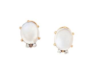 1071
A pair of 14K Gold, Moonstone and Diamond Earrings
Featuring two oval moonstone cabochons measuring approximately 12.04 x 10.09 x 4.34mm
Measures: 1/2 in.
5.1 grams gross
Estimate: $300 - $500