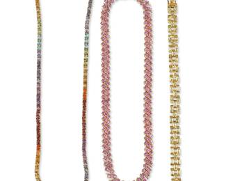 1034
A Group of Multicolored Gemstone Jewelry
Comprising a rainbow colored semiprecious natural gemstone necklace, a pink stone and gold-toned necklace, and a similar bracelet, each variously marked for sterling
3 pieces
Lengths: 20 in; 16 1/2 in.; 7 in.
107.6 grams gross
Estimate: $600 - $800