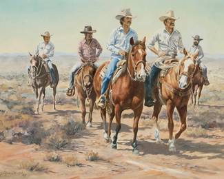 1273
Lorna Dillon
b. 1940
"Comin' to Town...," 1987
Oil on canvas
Signed and dated lower left: © Lorna Dillon / '87; signed and dated again, titled and inscribed on the stretcher: "Painted especially for Arnold & Jane, April, 1987"
14" H x 18" W
Estimate: $350 - $450