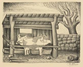 1395
Mariano Paredes
1912-1980
Bulls in a corral, 1940
Lithograph on cream wove paper
Signed and dated in ink in the lower margin, at right: Paredes 1940
Image: 9" H x 11.625" W; Sheet: 11.625" H x 17.5" W
Estimate: $300 - $500