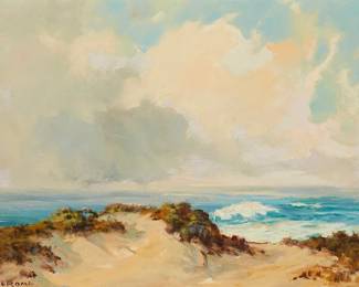 1196
Albert De Rome
1885-1959
Cloudy Coast, circa 1940
Oil on canvas laid to artist's board
Signed lower left: A De Rome
11.5" H x 16" W
Estimate: $1,000 - $1,500
