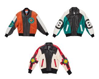 1093
A Group of Vintage Men's Leather Appliqué Bomber Jackets
Circa 1980s-1990s
Variously labeled for maker, size, and material
Three works:
A Michael Hoban North Beach leather "Serape" multicolored appliqué leather jacket with a quilt starburst motif to back and sleeves
No size tag; chest: 26 in.; sleeves (from shoulder pads): 28 in.; length: 29 in.
A Michael Hoban North Beach leather red, white, green, and black leather appliqué "8-ball" jacket
Size 42; chest: 27 in.; sleeves (from shoulder pads): 27 in.; length: 28 in.
An Urban Renewal by M. Julian orange suede and black and white leather "Earthwatch" jacket
Size: M, chest: 26 in.; sleeves: 24.5 in.; length: 26 in.
3 pieces
Estimate: $150 - $200