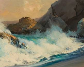 1201
Don Langford
20th century
Rocky coastal
Oil on canvas
Signed lower right: Don Langford
15" H x 30" W
Estimate: $500 - $700