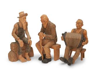 1153
Emil Janel
1897-1981
Three Seated Figures
Aniline dyed and natural carved alderwood
Each with incised signature: Emil Janel
3 pieces
Tallest: 14.75" H x 8.25" W x 5" D; Shortest: 12.5" H x 7.25" W x 10" D
Estimate: $1,000 - $2,000