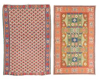 1147
20th century
Two vintage rugs
Two works:
An Indo-Caucasian polychrome Kelim flat-weave wool rug in reds, blues, and cream with all-over stylized insect motif to central field and floral borders
64.5" H x 44" W
An Indo-Persian polychrome wool crewel embroidery rug with geometric banding to central field and a stylized geometric border, with a canvas backing
60" H x 36" W
2 pieces
Estimate: $200 - $300