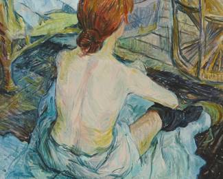1329
After Henri de Toulouse-Lautrec
1864-1901
"Rousse (La toilette)"
Oil on canvas
Bears signature and inscribed in another hand, lower right: Lautrec / "May"
Sight: 20.5" H x 17.5" W
Estimate: $500 - $700