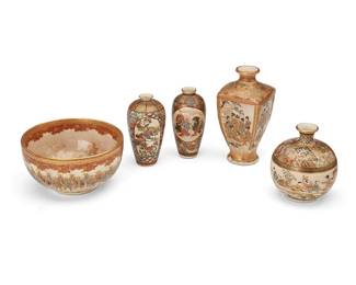 1157
20th century
A group of Japanese Satsuma pottery vessels
Most variously marked to underside
The diminutive earthenware items, each heavily gilt and enameled depicting figural scenes, comprising a small bowl and four bud vases, 5 pieces
Bowl: 2.5" H x 4.875" Dia.; Smallest vase: 3.75" H x 1.75" Dia.
Estimate: $500 - $700