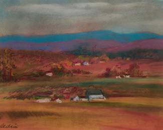 1268
Anders Gustave Aldrin
1889-1970
"Oregon Farm," 1939
Pastel on paper
Signed lower left: Aldrin; titled in pencil, in another hand, on a tag affixed to the frame's hanging wire; dated by repute
Sight: 10.25" H x 13.375" W
Estimate: $300 - $500
