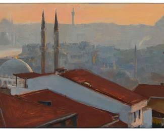 1369
Kenny Harris
b. 1974
"Rooftops," 2009
Oil on canvas
Initialed and dated lower left: K.H. '09; titled on a gallery label affixed verso
6" H x 10.75" W
Estimate: $400 - $600