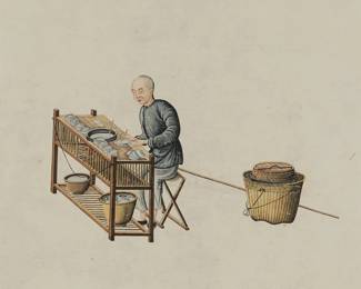 1404
Late 19th Century Chinese School
A Chinese export painting of tea preparation
Gouache and ink on paper
Two red ink chopmarks in the lower right corner
Sight: 14.25" H x 10.375" W
Estimate: $200 - $300