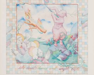 1431
Dan Allison
b. 1953
"The Devils Dance and Angels Sigh"
Watercolor and graphite on wove paper
Signed in pencil in the lower margin, at right: Dan Allison; titled along the lower edge of the image
Image: 11.875" H x 11.875" W; Sight: 14.875" H x 13.875" W
Estimate: $200 - $300