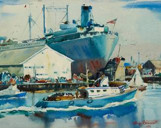 1207
Arthur Beaumont
1890-1978
"Navy Tanker at Bethlehem Drydock, Terminal Island, California," 1958
Watercolor on paper
Signed and dated lower right: Beaumont / 1958; signed again and titled on the mat board
Sight: 18.5" H x 25.25" W
Estimate: $1,000 - $2,000