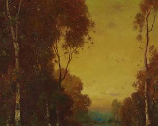 1225
Alexis Matthew Podchernikoff
1886-1933
"The Romance of Summer"
Oil on canvas
Signed lower left: A.M. Podchernikoff; signed again, titled, inscribed "Santa Barbara, Cal.," and with the artist's device, all verso
20" H x 16" W
Estimate: $500 - $700