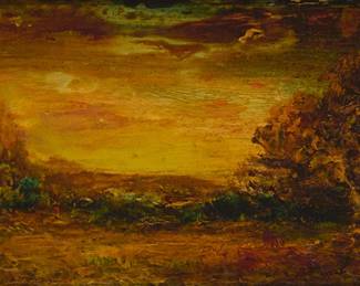 1231
Hudson Mindell Kitchell
1862-1944
Tonalist landscape at sunset
Oil on panel
Signed lower right: H.M. Kitchell
3.25" H x 6" W
Estimate: $400 - $600