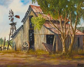 1264
Alfred Owles
1894-1978
"Schellville Barn," circa 1974
Watercolor on paper
Signed lower right: Alfred Owles; titled and dated on a label affixed to the frame's backing paper
Image: 13.25" H x 18.125" W; Sight: 13.625" H x 18.625" W
Estimate: $400 - $600