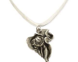 1106
Tracey Dobbins: A Sterling Silver Pendant Necklace
Comprising a large cast silver floriform pendant suspended from a hammered sterling silver torque-style choker neck ring, signed, numbered, and dated: #9; 1994
16 in. L x 3 in. H
100.3 grams
Estimate: $200 - $400