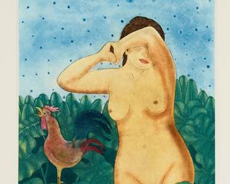 1393
Fernando Olivera
1962-2018
"Amanecer," 2002
Etching in colors on wove paper
Edition: 29/30
Signed, titled, dated, and numbered in pencil in the lower margin: F. Olivera; an unidentified watermark in the lower left margin corner; an unidentified blindstamp in the lower right margin corner
Plate: 11" H x 8.75" W; Sheet: 16.25" H x 14" W
Estimate: $300 - $500