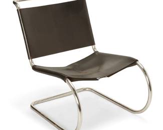 1193
Ludwig Mies van der Rohe (1886-1969)
An "MR 30/5" lounge chair for Knoll, mid-20th century
Designed 1927
Unmarked
The cantilevered chair with black leather seat and back bound at verso and undersides with leather cording, on a tubular steel frame
30" H x 22" W x 34" D
Estimate: $300 - $500