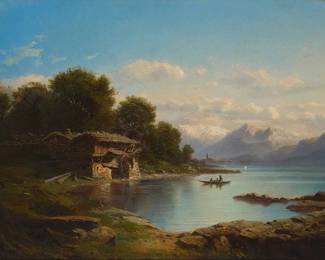 1383
Leberecht Lortet
1826-1901
Swiss mountain lake
Oil on canvas laid to Masonite
Signed lower right: Lortet
Sight: 17.25" H x 25.25" W
Estimate: $600 - $800