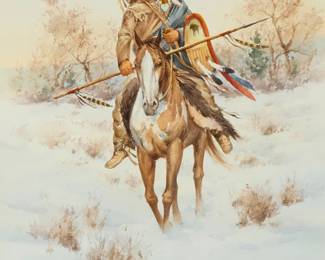 1276
Howard Rees
b. 1941
Native American on horseback in the snow
Watercolor on paper
Signed lower left: Howard Rees
Sight: 18.75" H x 12.75" W
Estimate: $400 - $600
