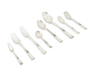 1126
Late 20th century
A Reed & Barton sterling silver "Classic Rose" partial flatware service
Each marked: Reed & Barton / Sterling / Classic Rose
Designed 1954, comprising 12 dinner knives (9.125"), 11 dinner forks (7.5"), 12 salad forks (6.625"), 18 teaspoons (6"), 1 cream soup spoon (6.75"), 1 pierced tablespoon (8.625"), 1 sugar spoon (6.25"), 1 lemon fork (4.875"), and 1 baby spoon (4.5"), 58 pieces
60.3 oz. troy approximately
Estimate: $700 - $900