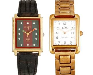 1060
A Group of Two Watches
Including a stainless-steel coach watch together with a metal Gucci watch finished with a black strap
2 pieces
Measures: 7 in. and 7 1/2 in.
113.0 grams gross
Estimate: $400 - $600