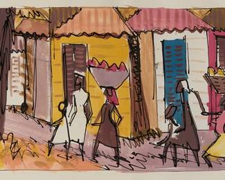 1347
Phil Paradise
1905-1997
"Grenadians, Roadside, Returning Home," 1955
Gouache and ink on paper
Signed lower left: Phil P.; titled and dated on a gallery label affixed to the frame's backing paper
Image: 4.75" H x 8.75" W; Sight: 5.875" H x 9.875" W
Estimate: $600 - $800
