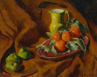 1284
Dudley Carpenter
1870-1955
Still life with fruit and jug
Oil on canvas
Signed lower right: Dudley Carpenter
20" H x 24" W
Estimate: $300 - $500