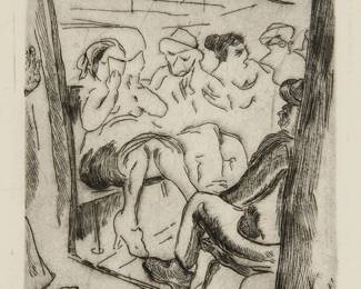 1390
Isidoro Ocampo
1910-1983
Figures on a train, 1932
Etching on thin wove paper
Edition: 3/10
Signed, dated, and numbered in pencil in the lower margin: I. Ocampo
Plate: 5.75" H x 4.125" W; Sheet: 7.5" H x 5.625" W
Estimate: $400 - $600