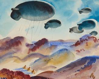 1254
Charles Payzant
1890-1980
"Barrage Balloons"
Watercolor with traces of graphite on paper
Signed lower right: Charles Payzant; titled on the frame's backing paper
Sight: 10.25" H x 13.25" W
Estimate: $800 - $1,200