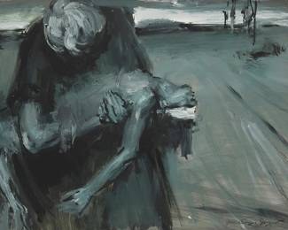 1358
Sergei Bongart
1918-1985
Figures in grief
Oil on Masonite en grisaille
Signed lower right: Sergei Bongart; signed again and inscribed with the artist's address, and inscribed in Cyrillic, all verso
36" H x 48" W
Estimate: $600 - $800