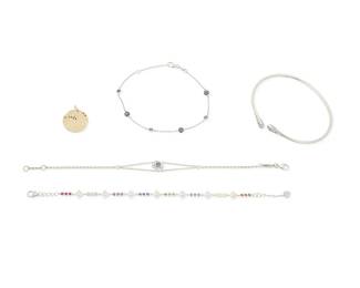 1076
A Group of Bi-Color Gold and Gem-Set Jewelry
Including an 18K White Gold and Blue topaz cuff, an 18K white gold and sapphire flower bracelet, an 18K white gold and blue sapphire ball link bracelet, a 14K white gold and gem-set bracelet and a 14K gold and sapphire mountain pendant
5 pieces
Bracelets: 6 3/4 in, 7 in., 7 1/4 in., 6 3/4 in. Pendant: 3/4 in.
17.9 grams gross
Estimate: $800 - $1,200