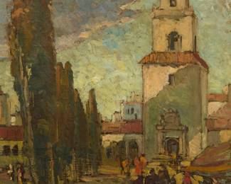 1271
Norman Kennedy
1895-1975
Mission with figures, 1929
Oil on canvas
Signed and dated lower left: Norman Kennedy 29
26" H x 26" W
Estimate: $800 - $1,200