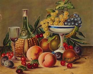 1290
20th Century Italian School
Still life with fruit and wine
Oil on canvas
Signed partially indistinctly lower right: Mariani
15.25" H x 18" W
Estimate: $100 - $200
